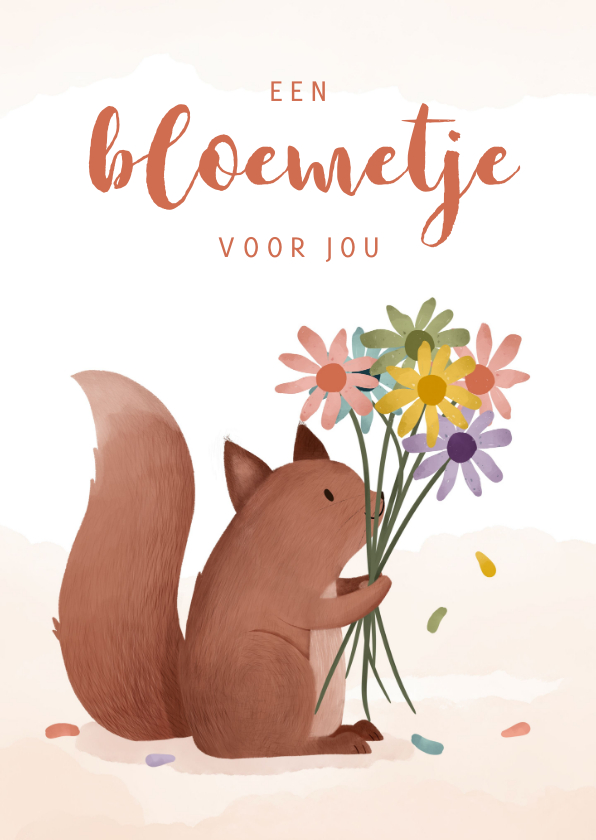 Wenskaarten - Wenskaart eekhoorntje met boeket een bloemetje voor jou