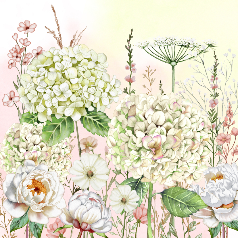 Wenskaarten - Wenskaart hortensia's en rozen in de tuin