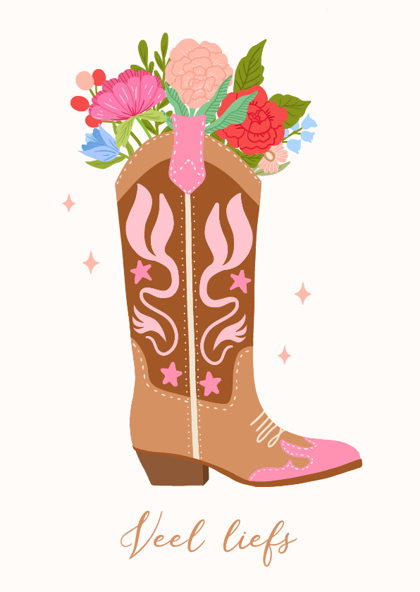 Wenskaart illustratie cowboylaars veel liefs - Wenskaarten Wenskaarten - Wenskaart illustratie cowboylaars veel liefs