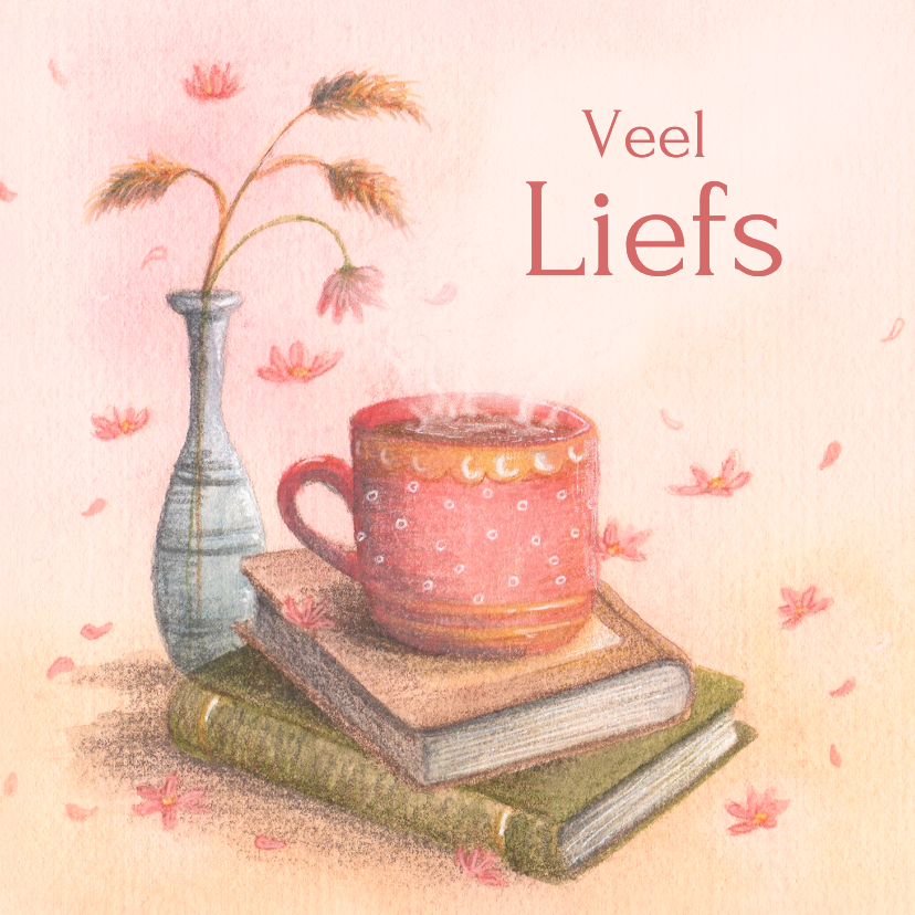 Wenskaart liefs kopje thee op een stapel boeken - Wenskaarten Wenskaarten - Wenskaart liefs kopje thee op een stapel boeken