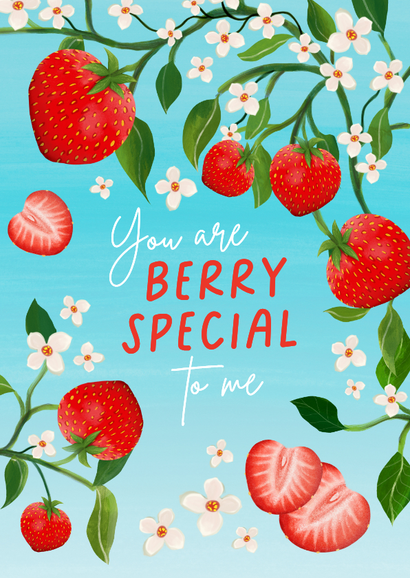 Wenskaarten - Wenskaart met aardbeien en witte bloemetjes