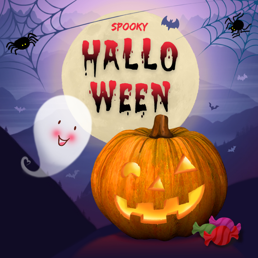 Wenskaarten - Wenskaart spooky halloween pompoen