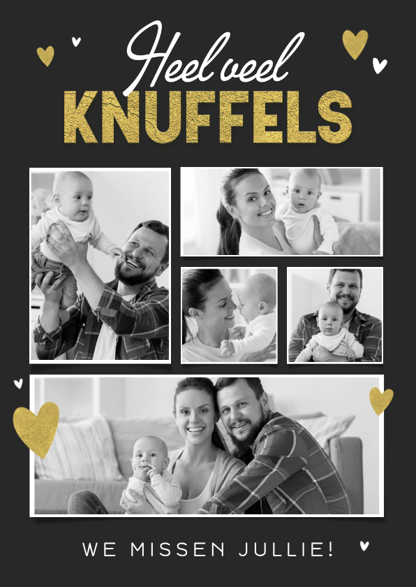 Wenskaart stoer hartjes fotocollage goud heel veel knuffels - Wenskaarten Wenskaarten - Wenskaart stoer hartjes fotocollage goud heel veel knuffels