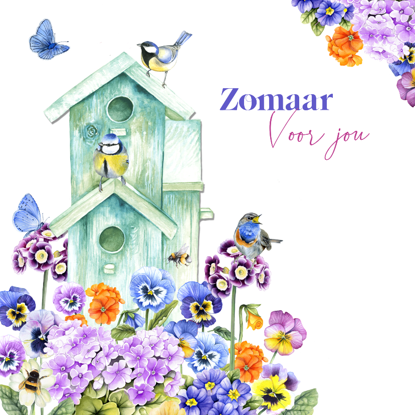 Wenskaarten - Wenskaart vogelhuisje bloemen