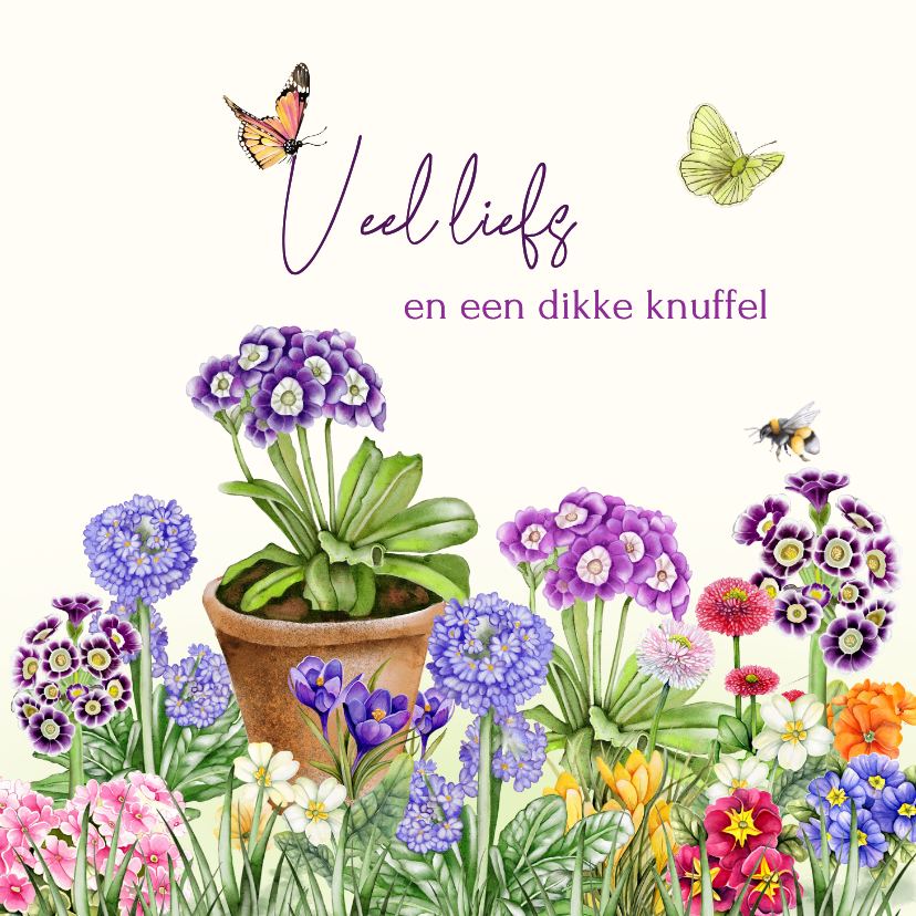 Wenskaarten - Wenskaart voorjaarsbloemen met vlinder en bij