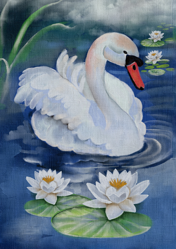 Wenskaart witte zwaan met waterlelies - Wenskaarten Wenskaarten - Wenskaart witte zwaan met waterlelies