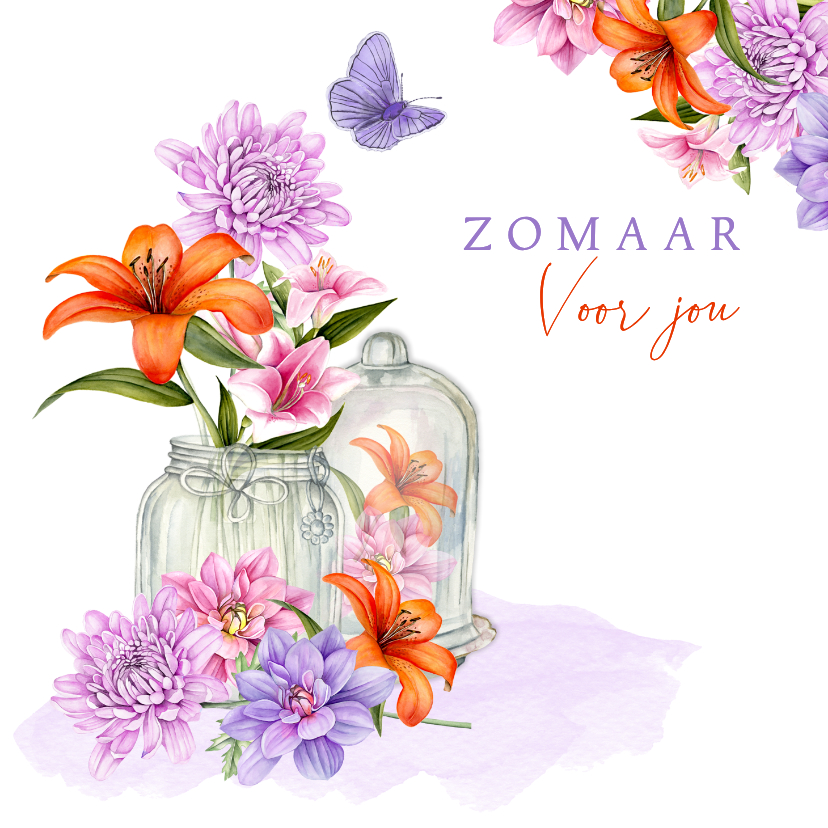 Wenskaarten - Wenskaart zomaar bloemen in vaasje en stolp