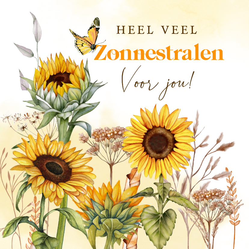 Wenskaarten - Wenskaart zonnebloemen vlinder