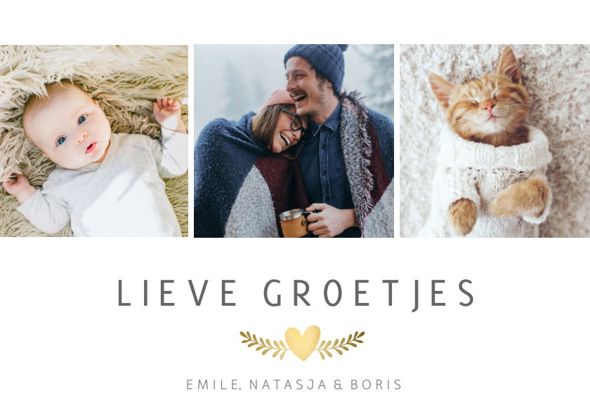 Wenskaarten - Zomaar fotocollage kaart met gouden hartje en 3 foto's