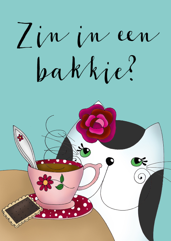 Zomaar - Kat drink een kopje thee of koffie - Wenskaarten Wenskaarten - Zomaar - Kat drink een kopje thee of koffie