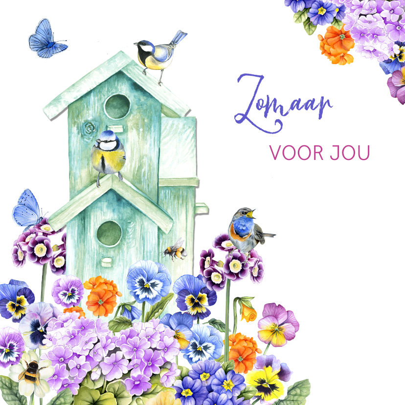 Wenskaarten - Zomaar vogelhuisje bloemen