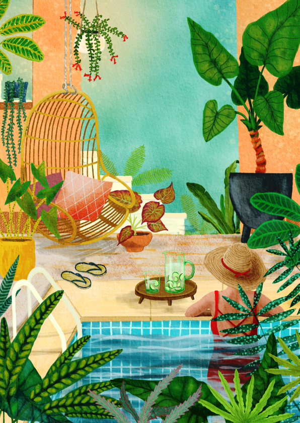 Vrouw relaxend in zwembad tussen de planten - Woonkaarten Woonkaarten - Vrouw relaxend in zwembad tussen de planten