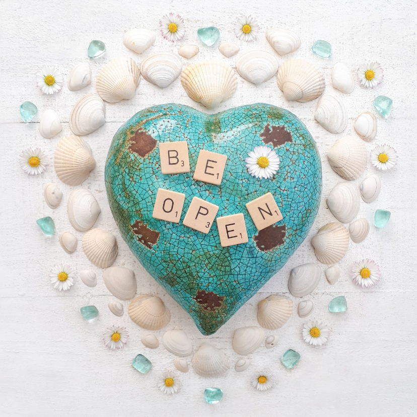 Woonkaart be open turquoise hart met bloemen - Woonkaarten Woonkaarten - Woonkaart be open turquoise hart met bloemen
