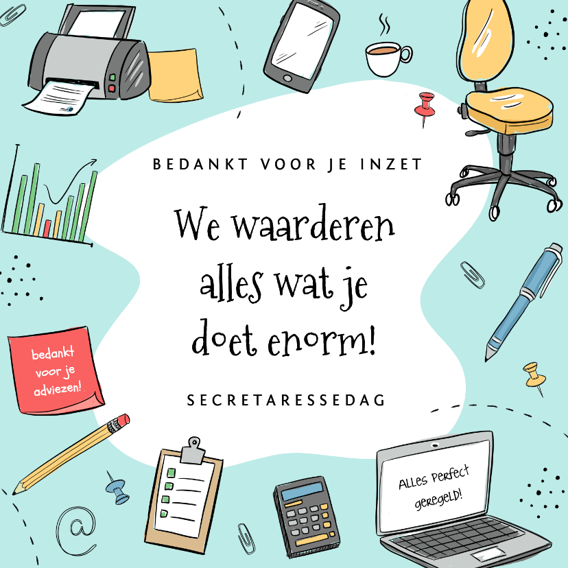 Zakelijke kaarten - Bedankt secretaresse illustraties kantoorbenodigdheden