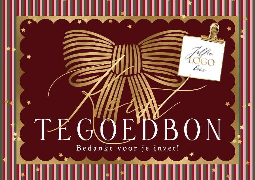 Zakelijke tegoedbon kerst strik sterren goud en logo - Zakelijke kaarten Zakelijke kaarten - Zakelijke tegoedbon kerst strik sterren goud en logo