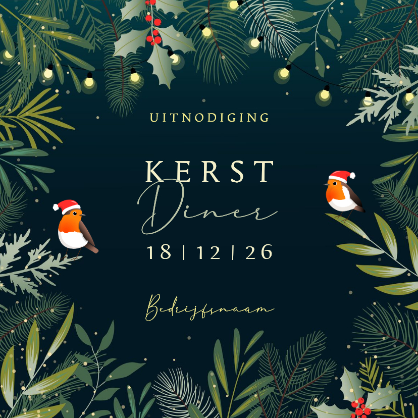 Zakelijke kerstkaarten - Botanische uitnodiging kerst met verplaatsbare roodborstjes