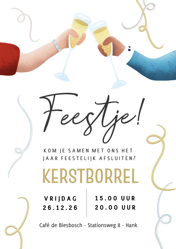Feestelijke uitnodiging kerstborrel met proostende handen - Zakelijke kerstkaarten Zakelijke kerstkaarten - Feestelijke uitnodiging kerstborrel met proostende handen