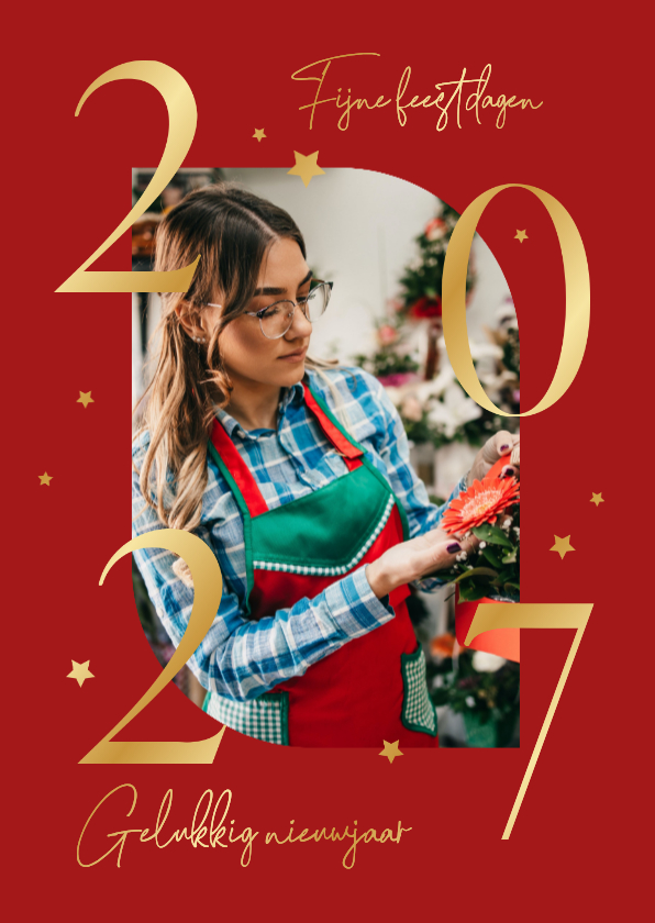 Goudfolie zakelijke kerstkaart rood met eigen foto 2027 - Zakelijke kerstkaarten Zakelijke kerstkaarten - Goudfolie zakelijke kerstkaart rood met eigen foto 2027