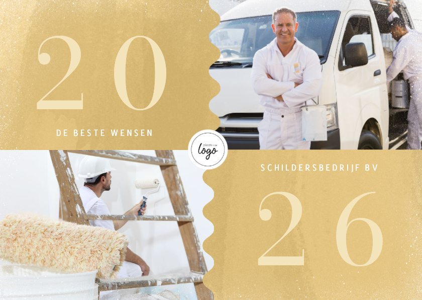 Hippe zakelijke kerstkaart goudlook 2026 foto's en logo - Zakelijke kerstkaarten Zakelijke kerstkaarten - Hippe zakelijke kerstkaart goudlook 2026 foto's en logo