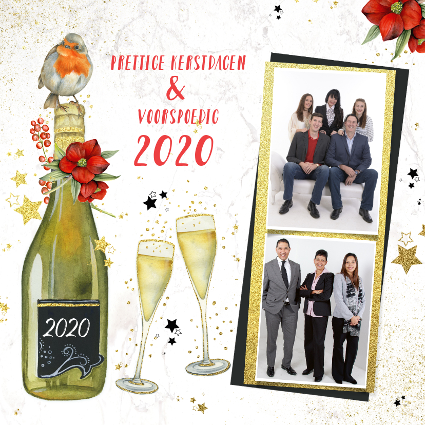 Kerst champagne roodborstje - Zakelijke kerstkaarten Zakelijke kerstkaarten - Kerst champagne roodborstje