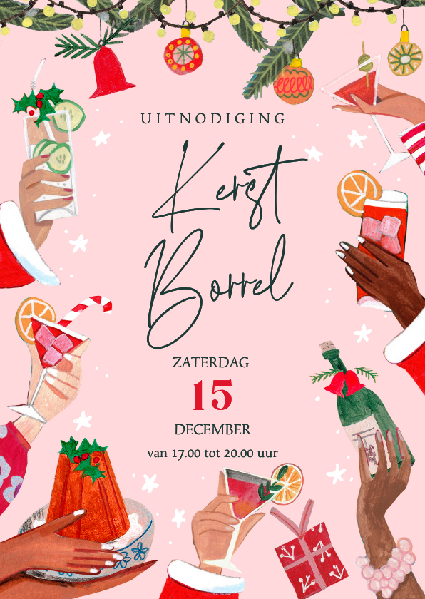 Zakelijke kerstkaarten - Kerst uitnodiging kerstborrel handen en cocktails
