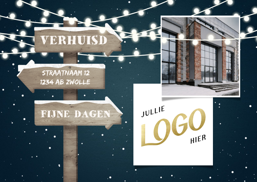 Zakelijke kerstkaarten - Kerst- verhuiskaart zakelijk 2 foto's en wegwijzers