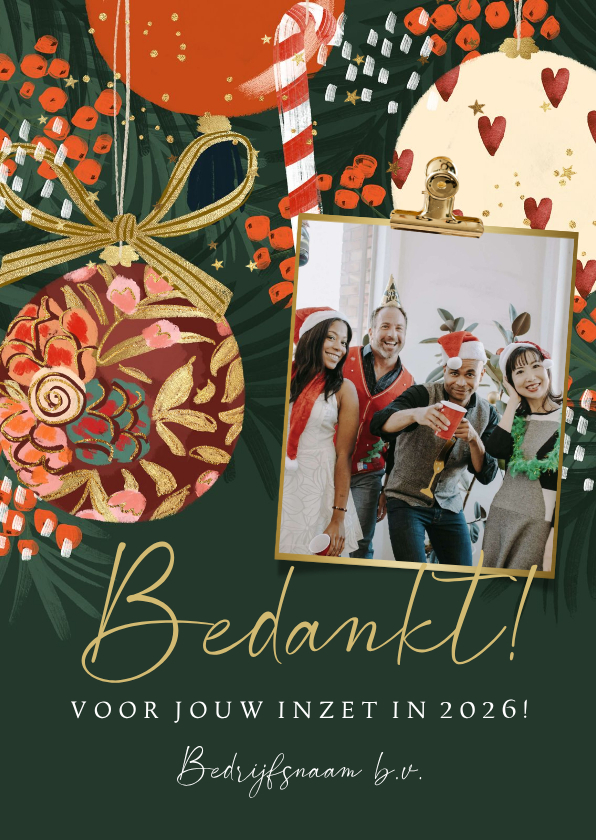 Kerstkaart bedankt kerstballen goudfolie foto sterren - Zakelijke kerstkaarten Zakelijke kerstkaarten - Kerstkaart bedankt kerstballen goudfolie foto sterren