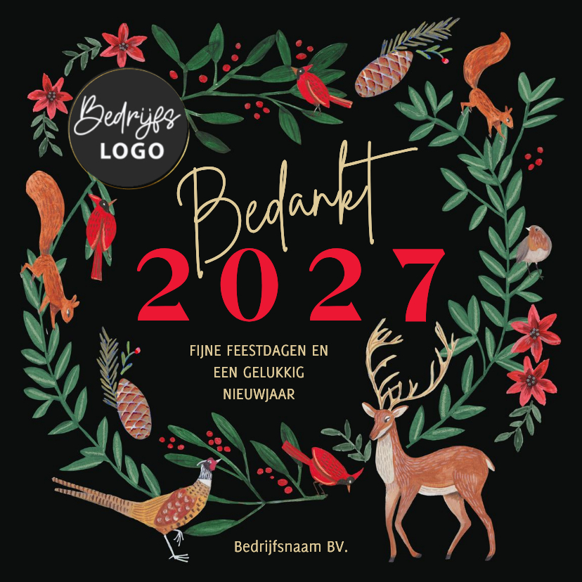 Kerstkaart bosdieren kerstkrans met jaartal - Zakelijke kerstkaarten Zakelijke kerstkaarten - Kerstkaart bosdieren kerstkrans met jaartal