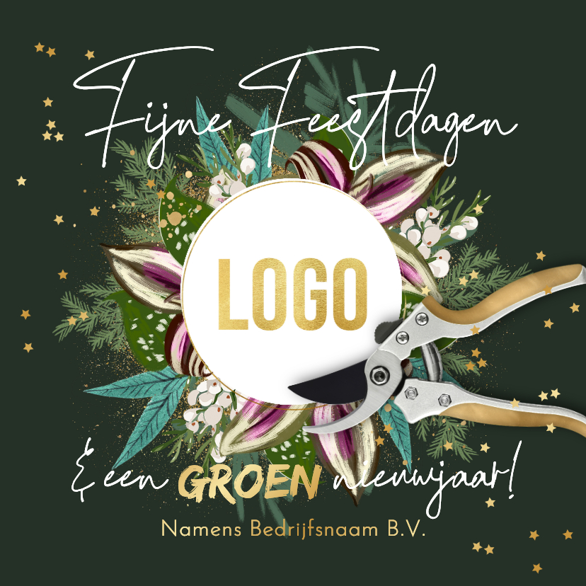 Kerstkaart botanisch bloemen snoeischaar sterretjes in goud - Zakelijke kerstkaarten Zakelijke kerstkaarten - Kerstkaart botanisch bloemen snoeischaar sterretjes in goud