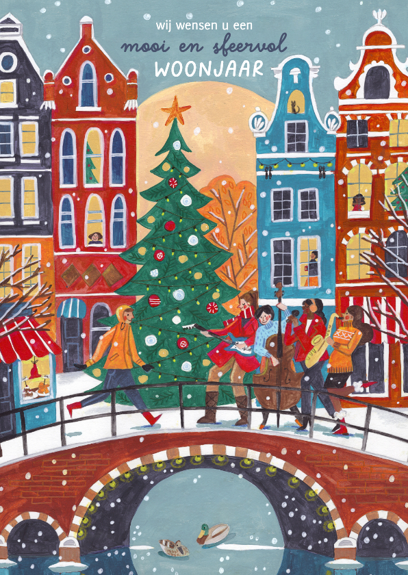 Zakelijke kerstkaarten - Kerstkaart huizen in Amsterdam in de sneeuw