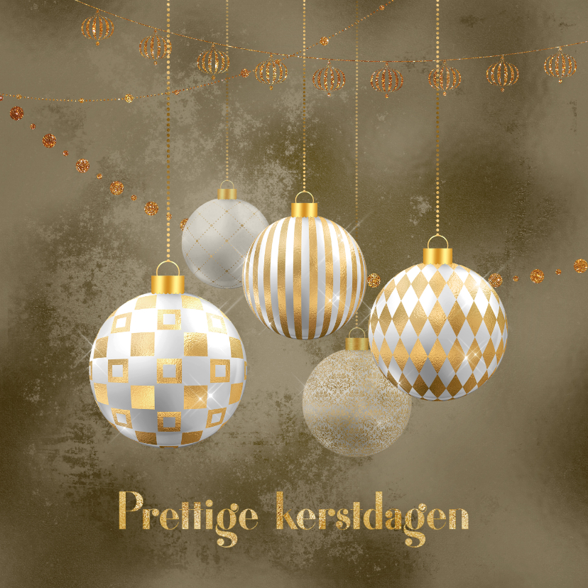 Kerstkaart kerstballen goud met wit op brons - Zakelijke kerstkaarten Zakelijke kerstkaarten - Kerstkaart kerstballen goud met wit op brons