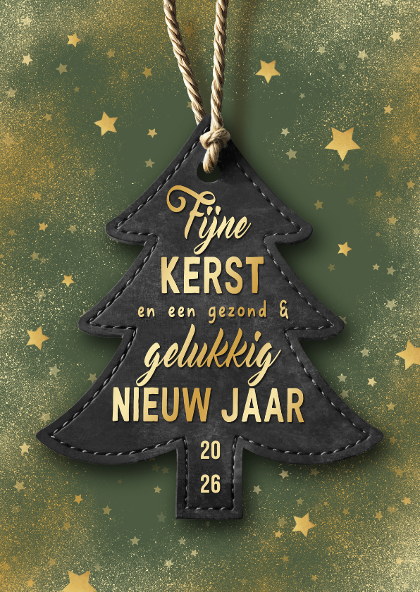Kerstkaart kerstboom label goud groen sterren beste wensen - Zakelijke kerstkaarten Zakelijke kerstkaarten - Kerstkaart kerstboom label goud groen sterren beste wensen