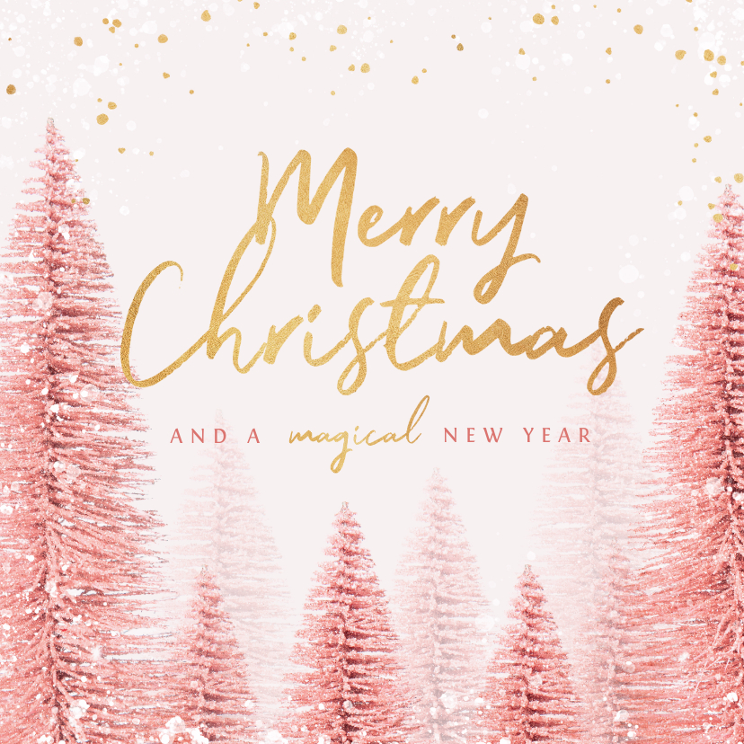Kerstkaart magical pink merry christmas goud kerstbomen - Zakelijke kerstkaarten Zakelijke kerstkaarten - Kerstkaart magical pink merry christmas goud kerstbomen