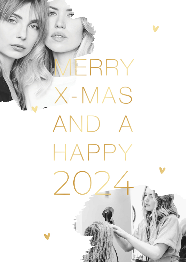 Kerstkaart stijlvol goud foto's hartjes - Zakelijke kerstkaarten Zakelijke kerstkaarten - Kerstkaart stijlvol goud foto's hartjes
