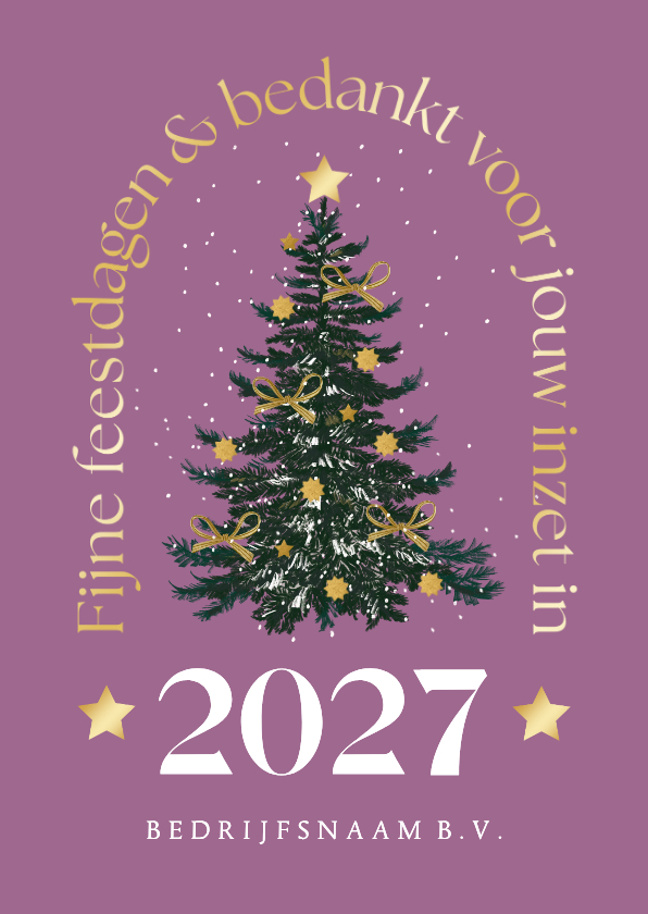 Kerstkaart trendy goud kerstboom sneeuw sterren strik - Zakelijke kerstkaarten Zakelijke kerstkaarten - Kerstkaart trendy goud kerstboom sneeuw sterren strik