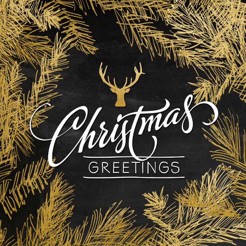Kerstkaart trendy krijtbord hulst en hert goud - Zakelijke kerstkaarten Zakelijke kerstkaarten - Kerstkaart trendy krijtbord hulst en hert goud