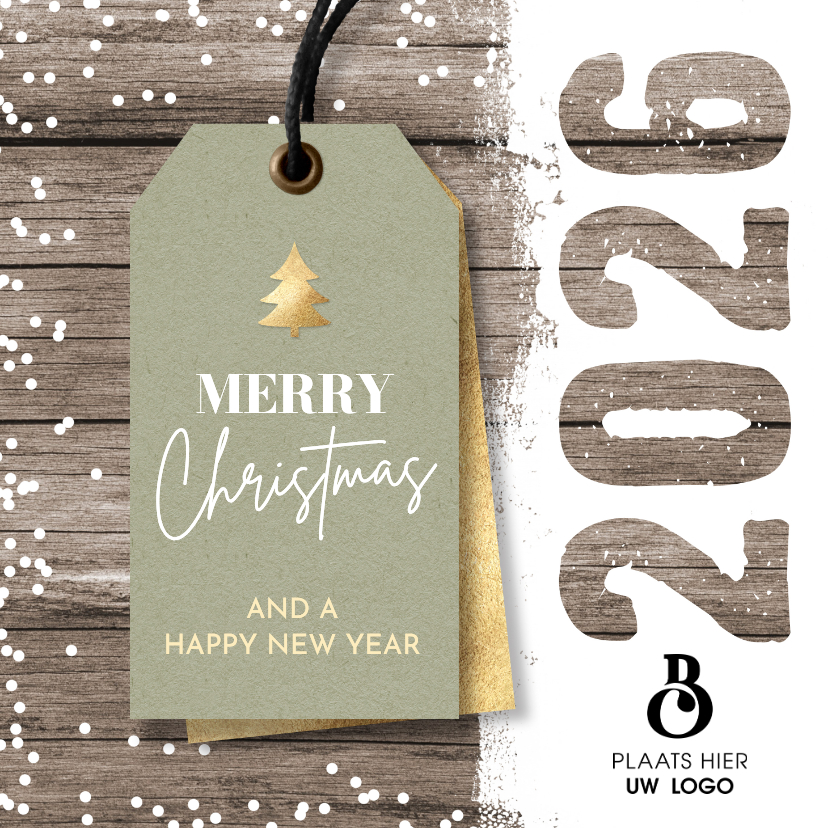 Zakelijke kerstkaarten - Kerstkaart zakelijk label 2026 en logo op hout