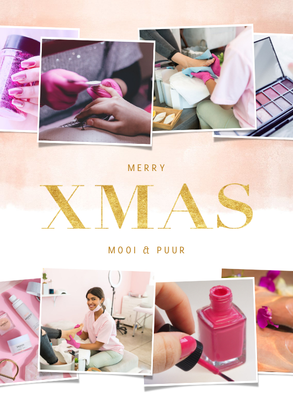 Kerstkaart zakelijk rosé gouden waterverf met fotocollage - Zakelijke kerstkaarten Zakelijke kerstkaarten - Kerstkaart zakelijk rosé gouden waterverf met fotocollage