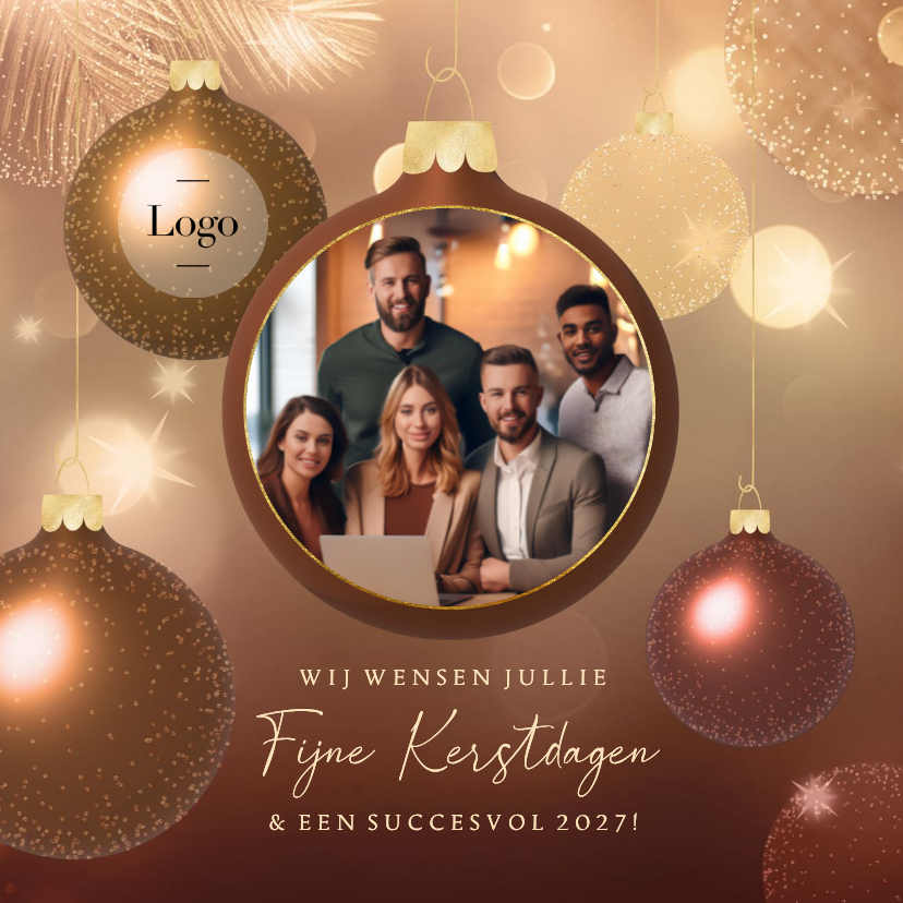 Kerstkaart zakelijk warm chique koperen kerstballen en foto - Zakelijke kerstkaarten Zakelijke kerstkaarten - Kerstkaart zakelijk warm chique koperen kerstballen en foto