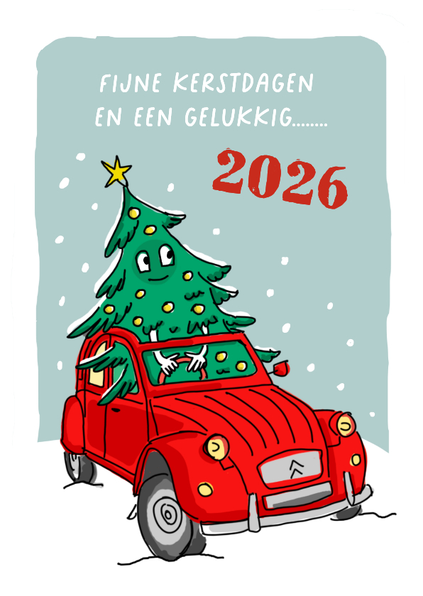 Kerstkaartje met 2CV met kerstboom achter het stuur - Zakelijke kerstkaarten Zakelijke kerstkaarten - Kerstkaartje met 2CV met kerstboom achter het stuur
