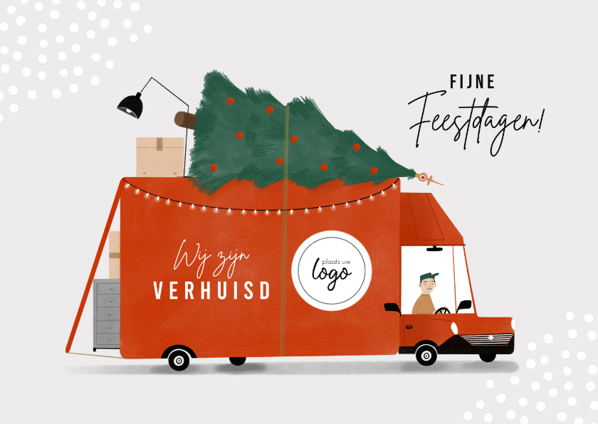 Zakelijke kerstkaarten - Kerstverhuiskaart rode verhuisbus kerstboom en logo 