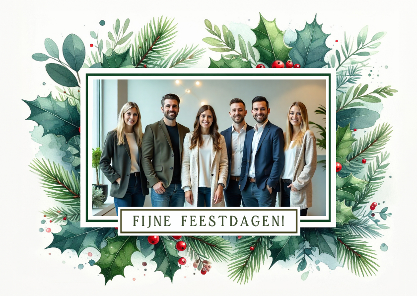 Zakelijke kerstkaarten - Klassieke zakelijke kerstkaart met kersttakjes en eigen foto