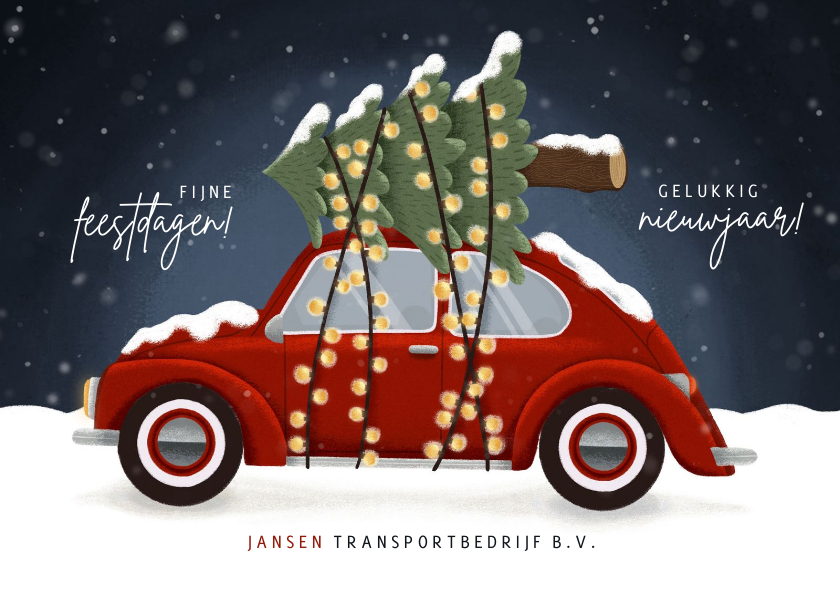 Zakelijke kerstkaarten - Leuke zakelijke kerstkaart transport met auto en kerstboom