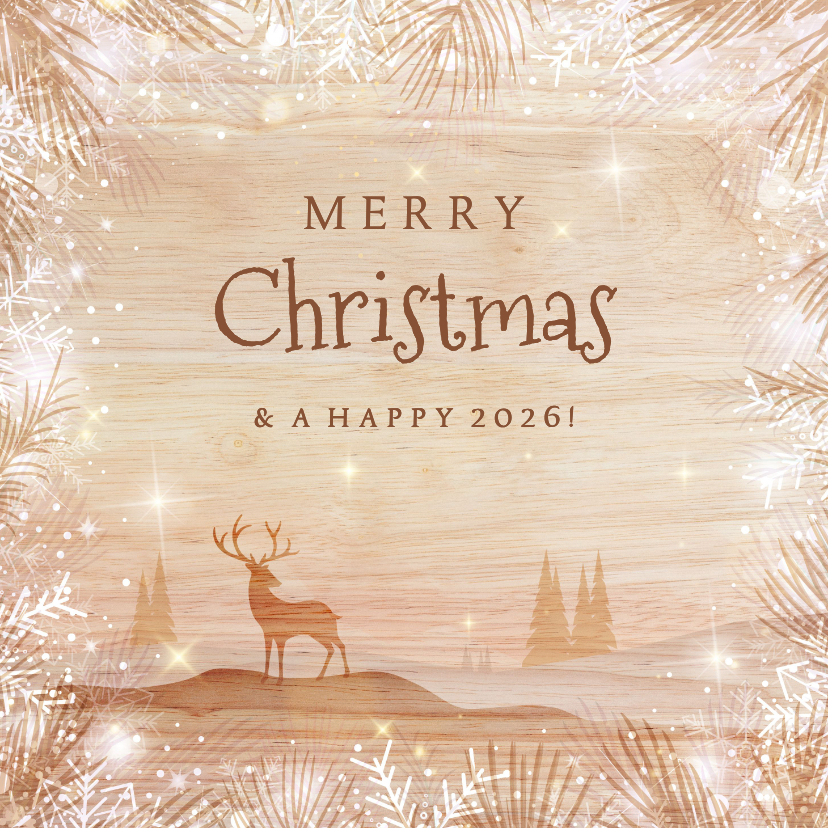 Zakelijke kerstkaarten - Luxe houtlook kerstkaart zakelijk met rendier in landschap 