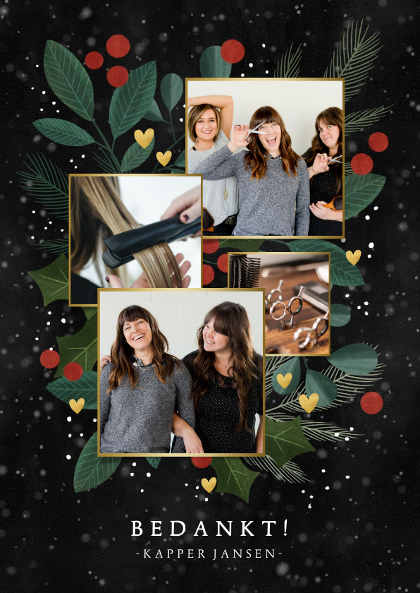 Zakelijke kerstkaarten - Moderne zakelijke kerstkaart met takjes hartjes en foto's