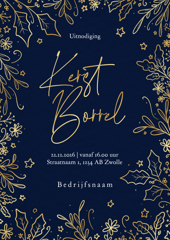 Sierlijke uitnodiging bedrijfs kerstborrel met gouden takjes - Zakelijke kerstkaarten Zakelijke kerstkaarten - Sierlijke uitnodiging bedrijfs kerstborrel met gouden takjes