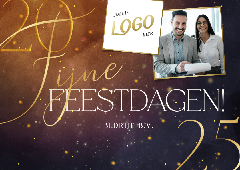 Sprankelende kerstkaart 2025 met foto en logo Kaartje2go