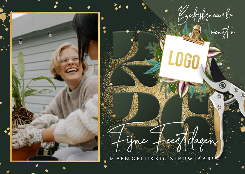 Stijlvolle kerstkaart botanische planten snoeischaar goud - Zakelijke kerstkaarten Zakelijke kerstkaarten - Stijlvolle kerstkaart botanische planten snoeischaar goud