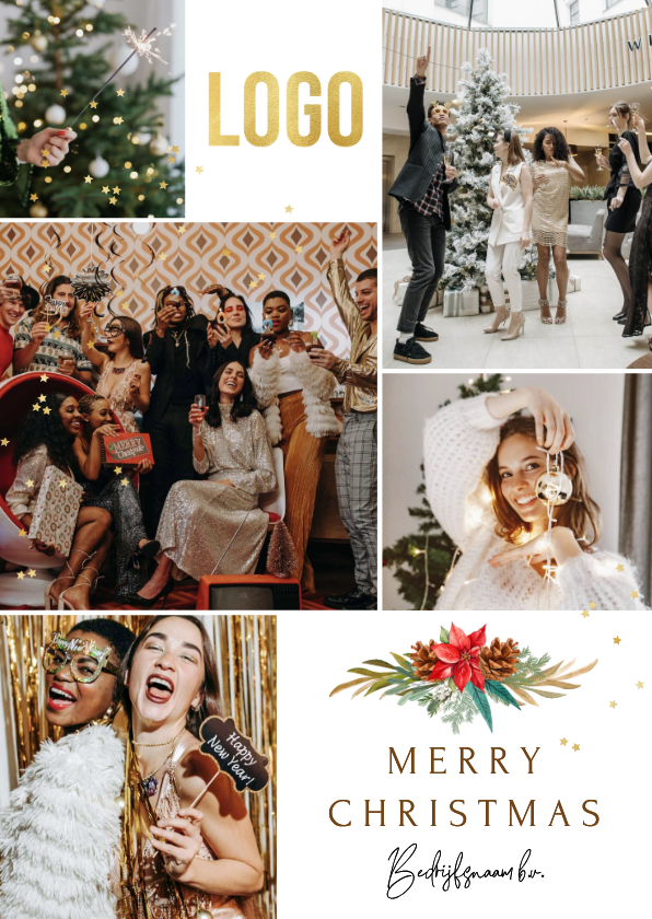 Stijlvolle kerstkaart fotocollage botanisch logo ster goud - Zakelijke kerstkaarten Zakelijke kerstkaarten - Stijlvolle kerstkaart fotocollage botanisch logo ster goud