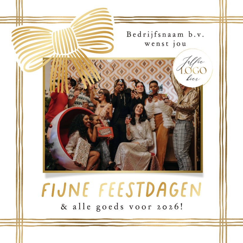 Zakelijke kerstkaarten - Stijlvolle kerstkaart strikken lint goud foto logo